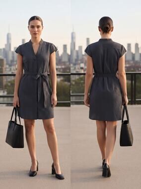 H&M Black Gray Striped Seersucker Shirt Dress V-Neck Belted L Office Siren